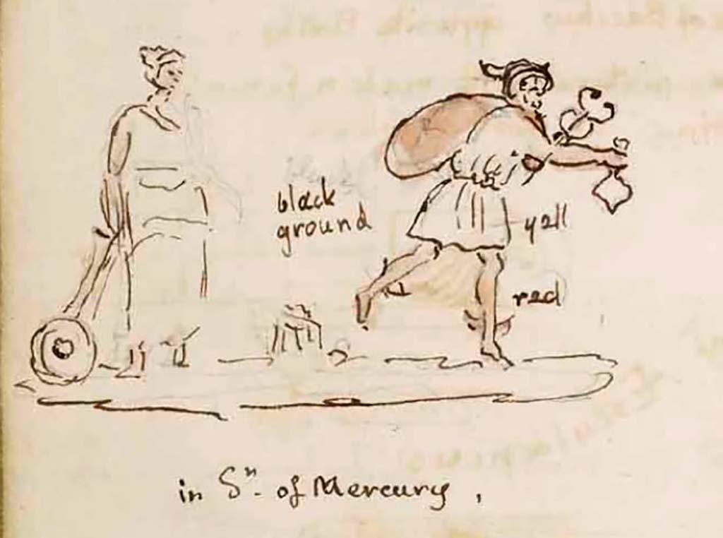 VI.9.6 Pompeii. c.1830. Drawing by Gell of Fortuna and Mercury.
See Gell, W. Sketchbook of Pompeii, c.1830. 
See book from Van Der Poel Campanian Collection on Getty website http://hdl.handle.net/10020/2002m16b425
