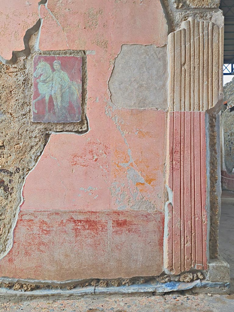 VI.9.6 Pompeii. November 2023. 
Room 1, north wall of entrance corridor/fauces with copy of original painting, now in Naples Museum, inv. no. 9455.
Photo courtesy of Giuseppe Ciaramella.
