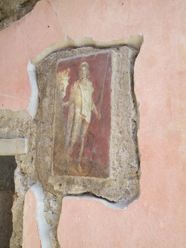 VI.9.6 Pompeii. April 2019. 
Room 1, south wall of entrance fauces/corridor with copy of original painting, now in Naples Museum.
Photo courtesy of Rick Bauer.
