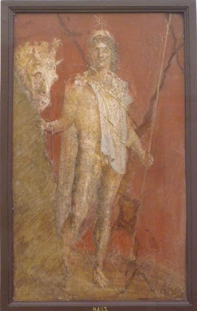 VI.9.6 Pompeii. Found 18th June 1828 in room 1, fauces or entrance corridor. Wall painting of one of the two Dioscuri. Now in Naples Archaeological Museum. Inventory number 9453.
