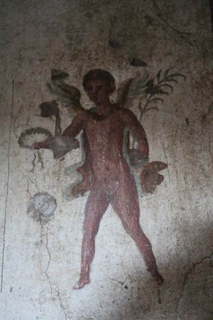 VI.10.1 Pompeii. December 2018. 
Detail of flying cupid from north wall in north-east corner. Photo courtesy of Aude Durand.
