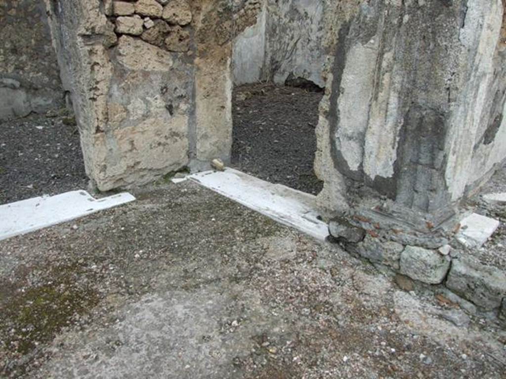 VI.10.7 Pompeii. March 2009. Room 1, marble door sills of room 6 and room 7 from atrium, and stucco pilaster of tablinum.