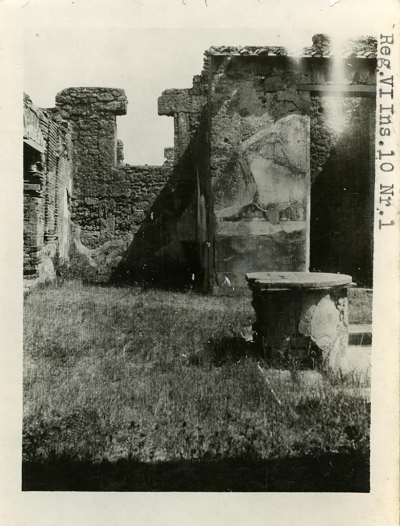VI.10.11 Pompeii but shown as VI.10.1 on the photo. Pre-1937-39. 
Looking east across the north end of the atrium towards the east ala, room 6.
Photo courtesy of American Academy in Rome, Photographic Archive. Warsher collection no. 1833.
