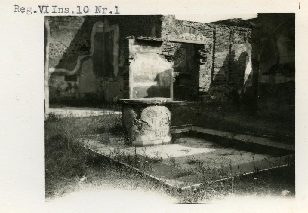 VI.10.11 Pompeii but listed as VI.10.1 on the photo. Pre-1937-39. 
Looking north-east across atrium towards pilaster between rooms 8 and 7.
On the left is room 8, the tablinum, still showing some painted decoration.
Photo courtesy of American Academy in Rome, Photographic Archive. Warsher collection no. 1833a.
