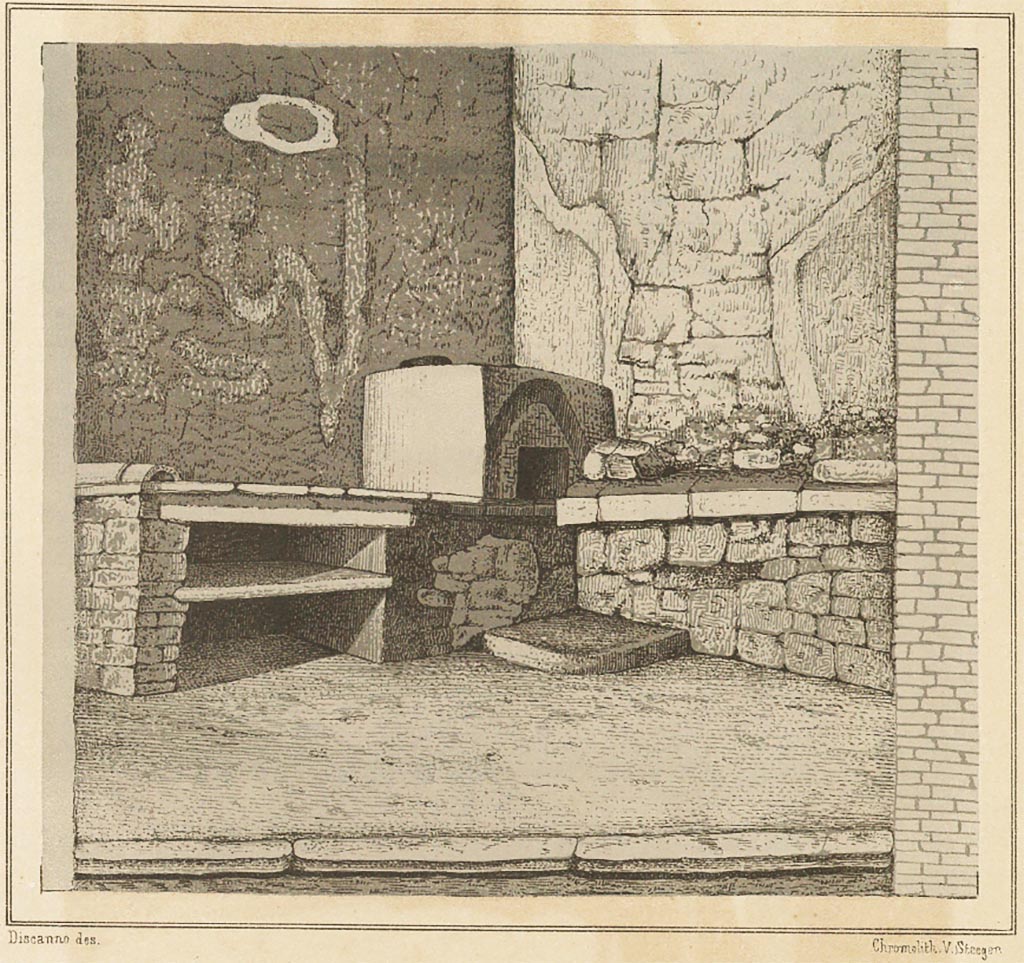 VI.14.22 Pompeii. 1878 drawing by Discanno of fullonica kitchen.
See Presuhn E., 1878. Pompeji: Die Neuesten Ausgrabungen von 1874 bis 1878. Leipzig: Weigel. (IV, Plate III)
