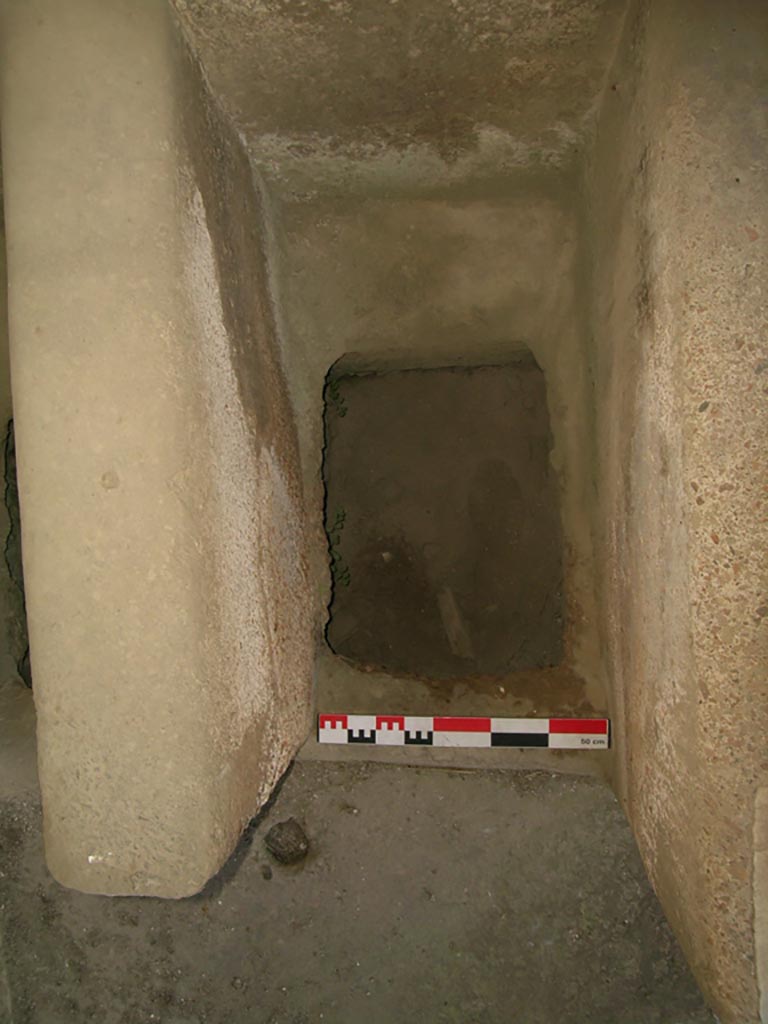 VI.14.22 Pompeii. June 2006. 
Room 12, detail from foot basin at west end. Photo courtesy of Nicolas Monteix.
