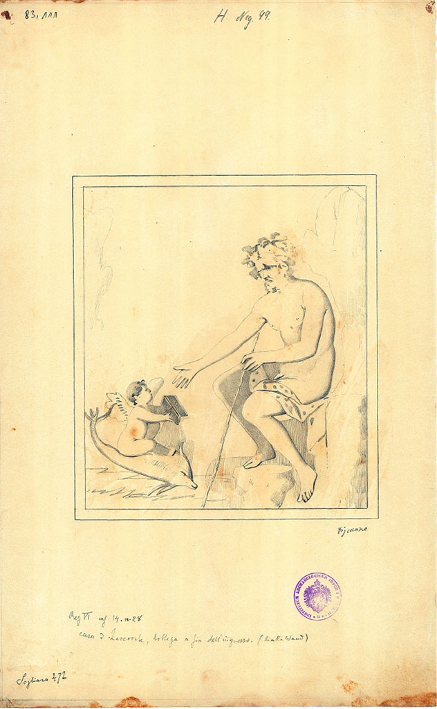 VI.14.28 Pompeii. Drawing of painting of Polyphemus and cupid, from the south wall, drawn by Discanno.
DAIR 83.111. Photo © Deutsches Archäologisches Institut, Abteilung Rom, Arkiv. 
