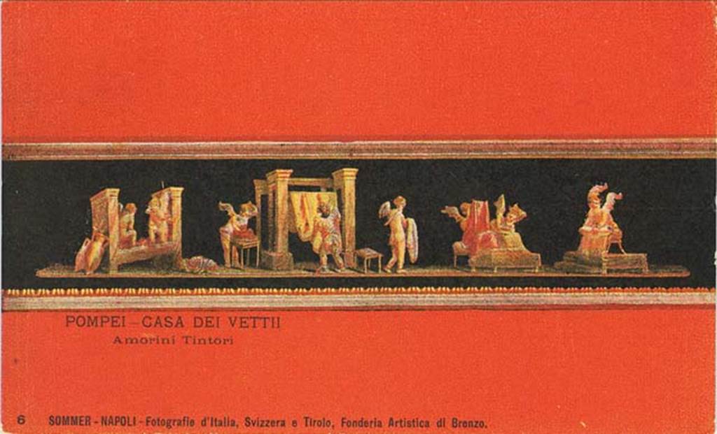 VI.15.1 Pompeii. Early 20th century postcard by G. Sommer, no.6, from east wall in north-east corner. This painting showed the cupids cleaning clothes in a fullery. Photo courtesy of Rick Bauer.
