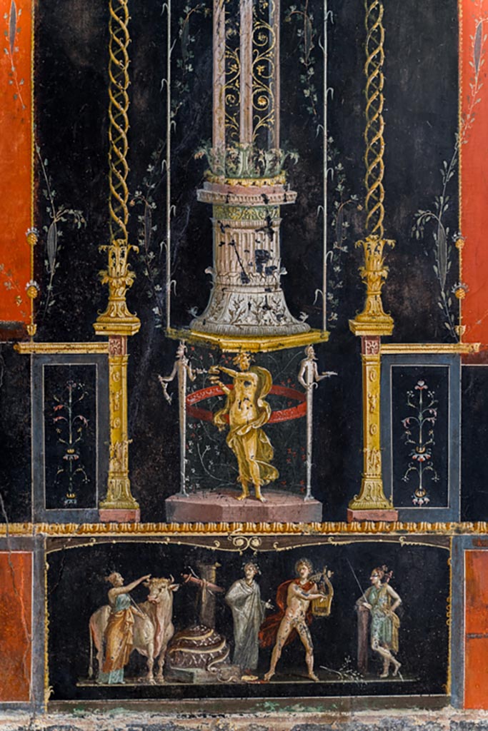 VI.15.1 Pompeii. March 2023. 
East wall with painted panel of Apollo and Diana after the killing of the python.
Photo courtesy of Johannes Eber.

