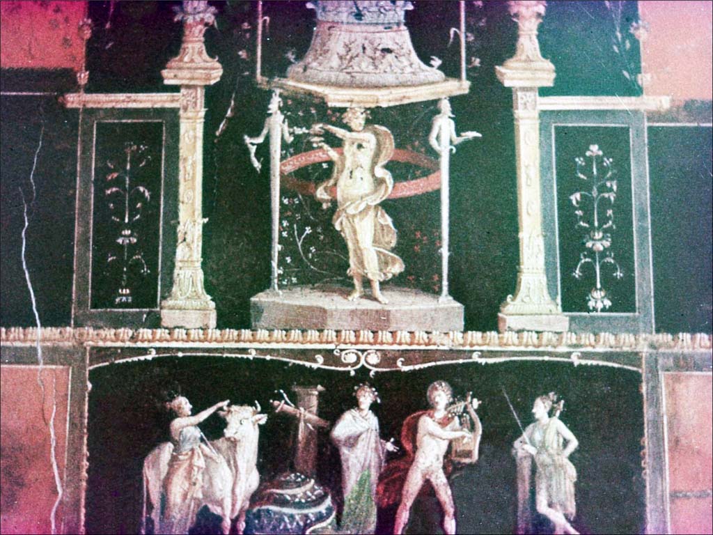VI.15.1 Pompeii. June 1962. Detail from the east wall.
Photo by Brian Philp: Pictorial Colour Slides, forwarded by Peter Woods
 (P 43.26 POMPEII Wall mural House of Vettii)
