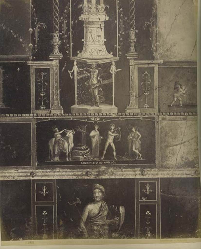 VI.15.1 Pompeii. Old undated photograph by Sommer, no. 11969.  Detail from east wall with painting of Apollo and Diana after the killing of the python. Underneath is a standing figure of an Amazon armed with a shield. Photo courtesy of Rick Bauer.
