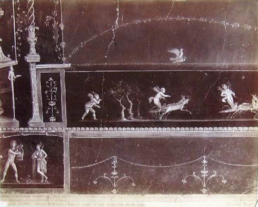 VI.15.1 Pompeii. Old postcard by Brogi (1850-1925). East wall with cupids in chariot race.