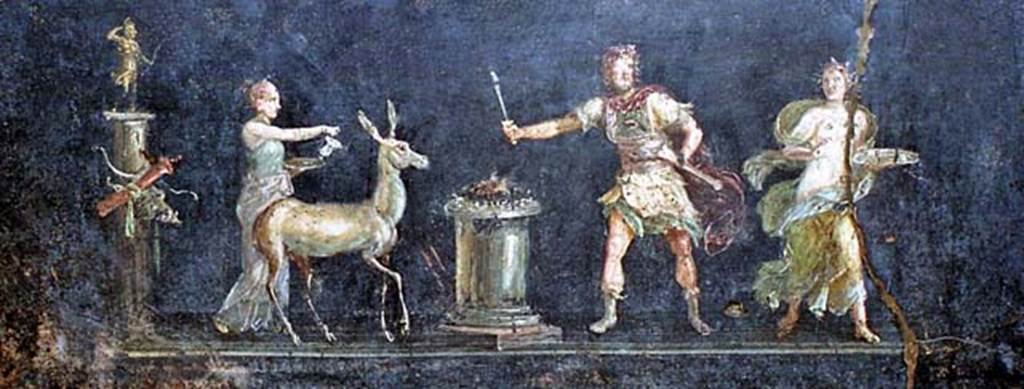VI.15.1 Pompeii. October 2001. Detail from east wall with painting of a stag being sacrificed to Diana. Photo courtesy of Peter Woods.
