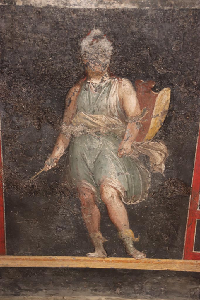 VI.15.1 Pompeii. October 2023. 
Panel of Amazon armed with a shield, from zoccolo on lower east wall. Photo courtesy of Klaus Heese.
