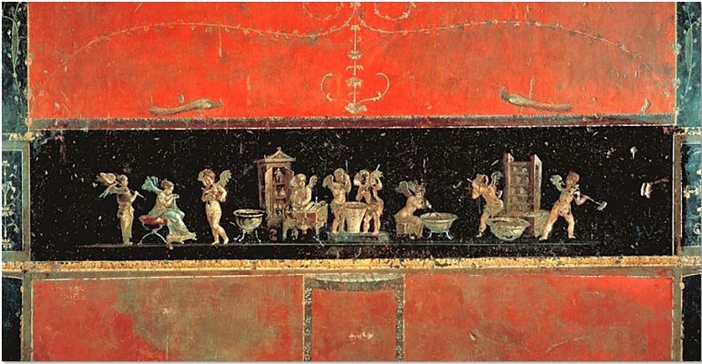 VI.15.1 Pompeii. October 2001. East wall with painting of cupids making perfumed oil. Photo courtesy of Peter Woods.