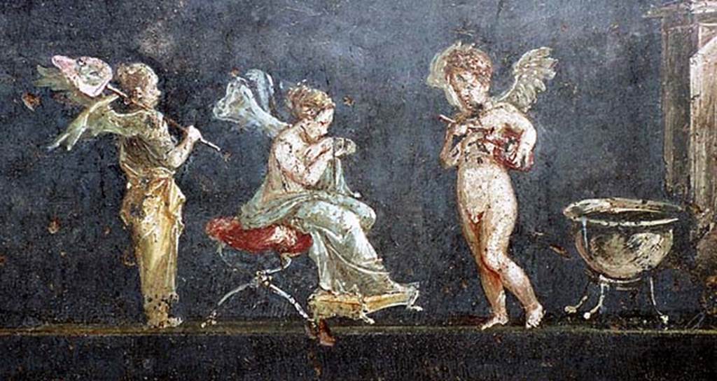 VI.15.1 Pompeii. October 2001. Detail of left (north) part of panel from east wall of cupids making perfumed oil. Photo courtesy of Peter Woods.
