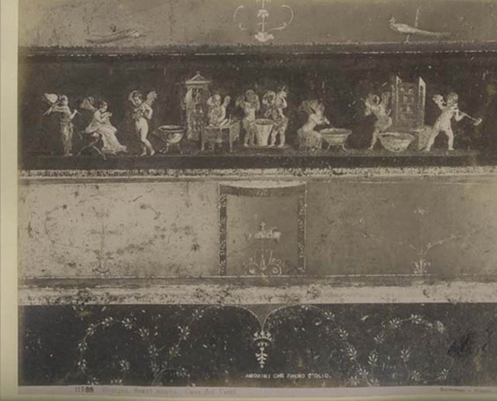 VI.15.1 Pompeii. Photograph by Sommer, no. 11988. Detail from east wall with painting of cupids making perfumed oil. Photo courtesy of Rick Bauer.
