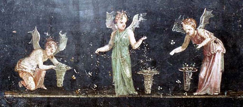 VI.15.1 Pompeii. October 2001. Detail of panel on east wall of painting of Psychai (female cupids) gathering petals. Photo courtesy of Peter Woods.

