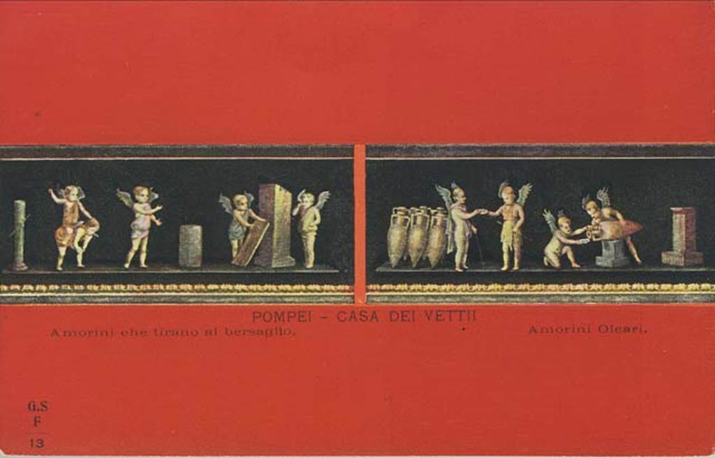 VI.15.1 Pompeii. Early 20th century postcard by G. Sommer, no.13. The painting on the left shows the cupids at target practice, this painting is from the south wall in south-east corner.
On the right is the painting from the west wall with painting of cupids buying and selling wine. Photo courtesy of Rick Bauer.
