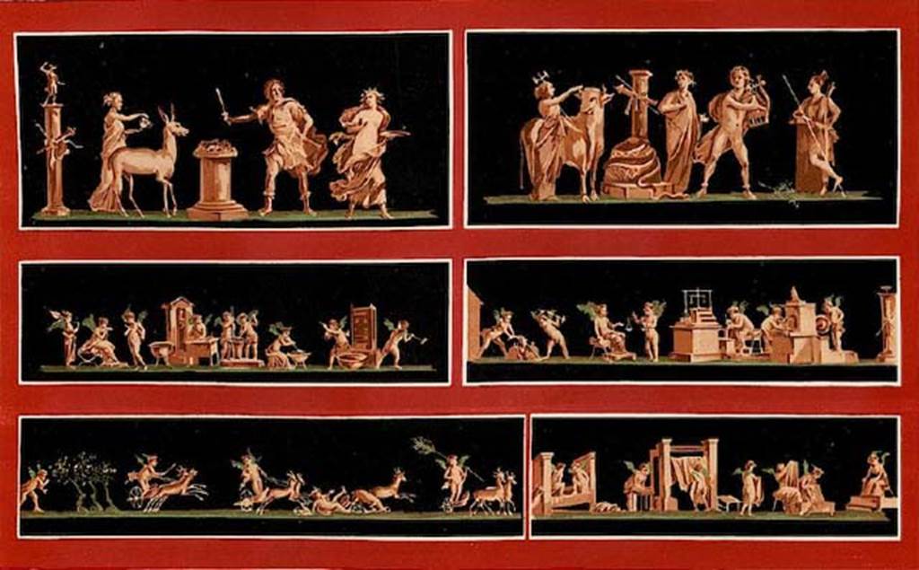 VI.15.1 Pompeii.  19th century painting of frescoes. See Niccolini F, 1896. Le case ed i monumenti di Pompei: Volume Quarto. Napoli. Nuovi Scavi Tav XXVIII.