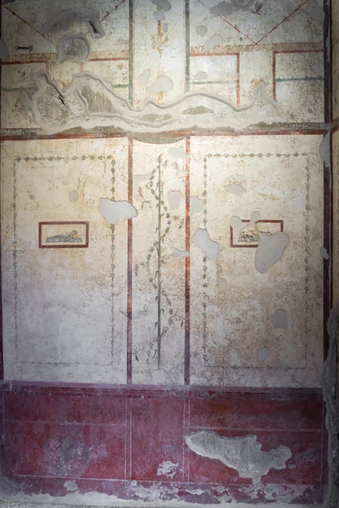 VI.15.1 Pompeii. March 2023. 
Detail from east wall in cubiculum. Photo courtesy of Johannes Eber.
