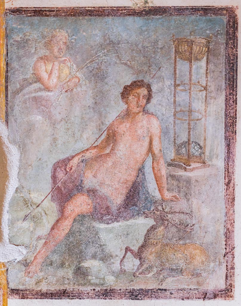 VI.15.1 Pompeii. March 2023. 
Central wall painting of the Metamorphosis of Cyparissus from north wall. Photo courtesy of Johannes Eber.
