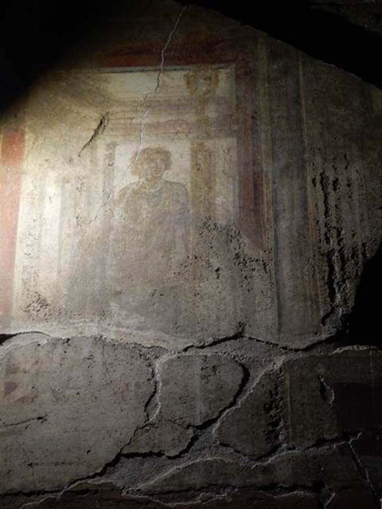 VI.15.1 Pompeii. May 2017. Upper panel at west end of north wall of exedra.
Photo courtesy of Buzz Ferebee.
