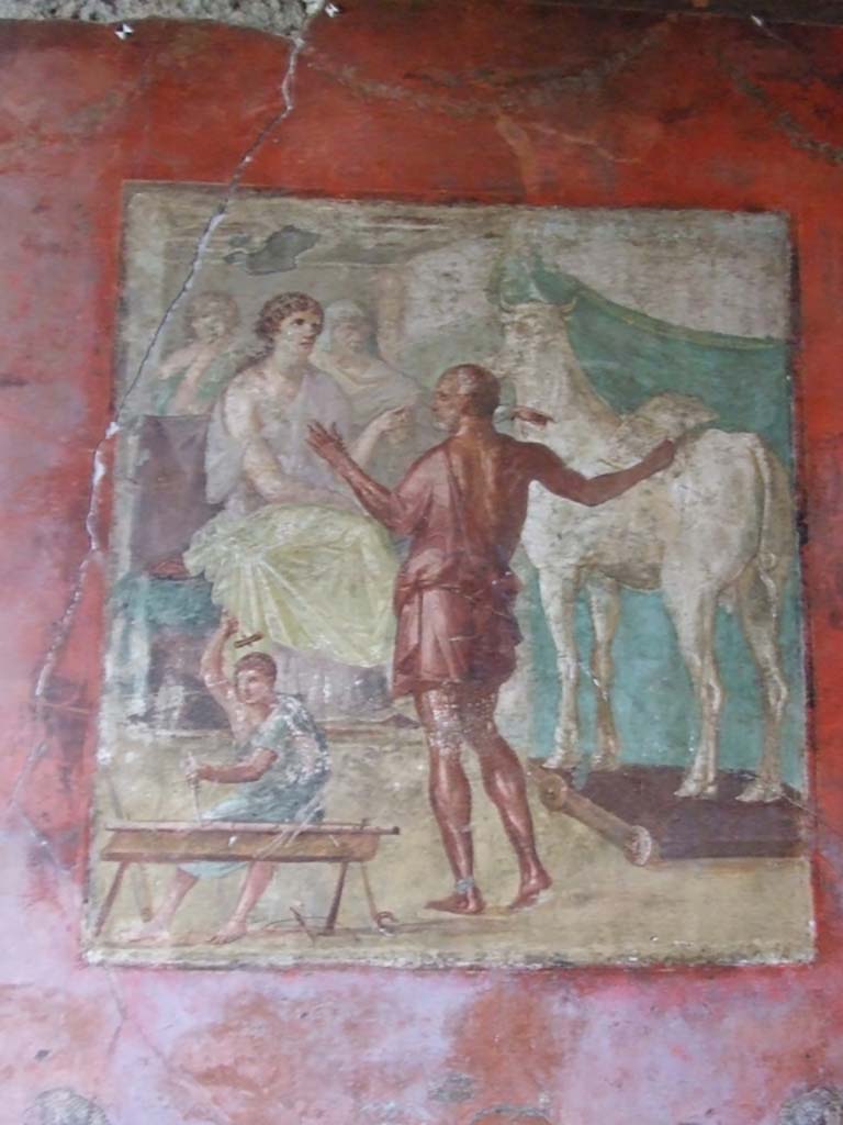 VI.15.1 Pompeii. December 2006. 
North wall of exedra with painting of Daedalus showing Pasiphae the wooden cow.
