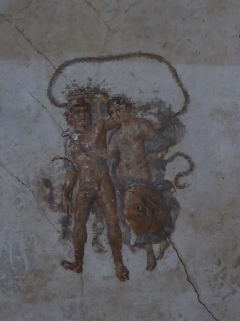 VI.15.1 Pompeii. January 2017. 
North wall of exedra, east panel, with detail of painting of two floating figures.
Foto Annette Haug, ERC Grant 681269 DÉCOR.
