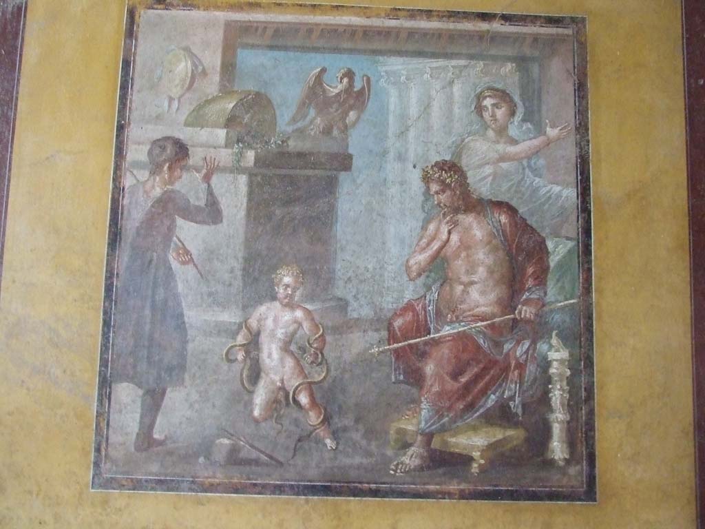 VI.15.1 Pompeii. December 2006. North wall of exedra with wall painting of Hercules strangling the serpents.