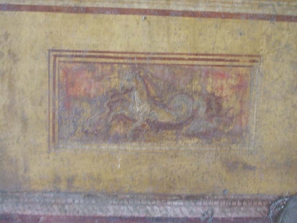 VI.15.1 Pompeii. December 2006. Painting of sea horse in exedra on north wall.