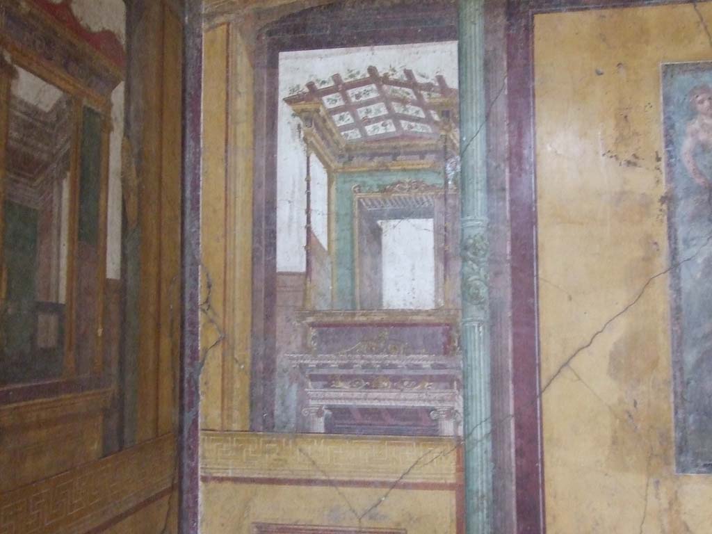 VI.15.1 Pompeii. December 2006. Architectural wall painting on east wall in north-east corner of exedra.