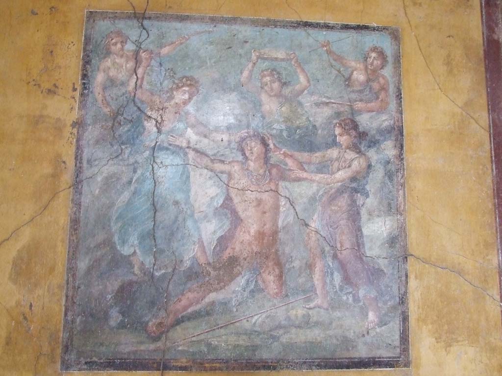 VI.15.1 Pompeii. December 2006. East wall of exedra with painting of the death of Pentheus, who is about to be killed by the Maenads.