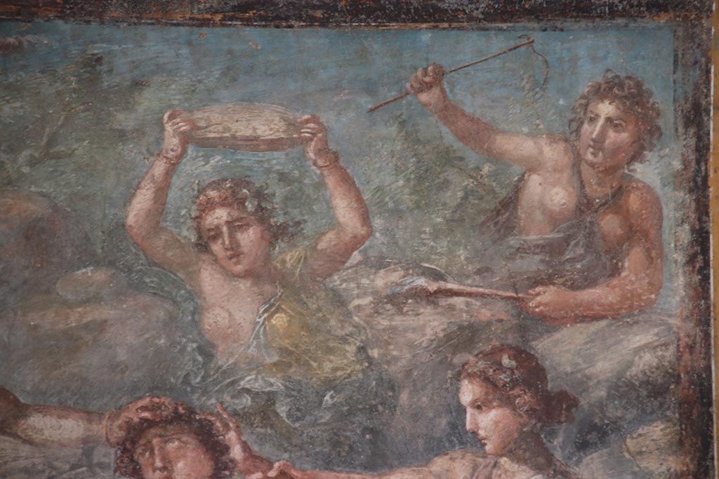 VI.15.1 Pompeii. October 2023. 
Detail from upper right of painting of the death of Pentheus, from east wall of exedra. Photo courtesy of Klaus Heese.
