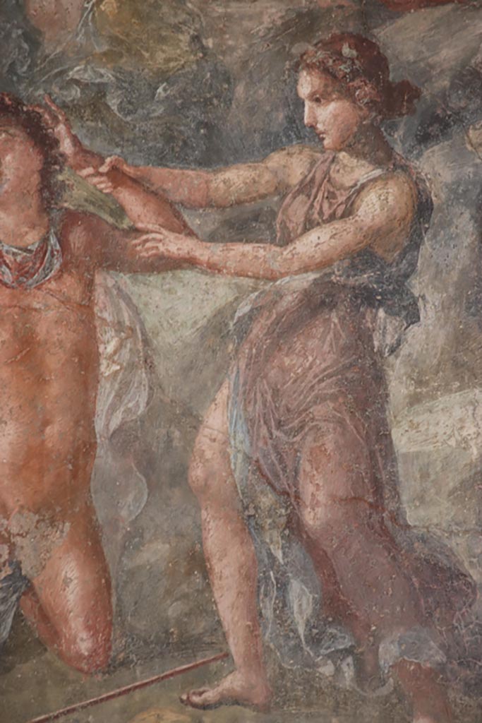VI.15.1 Pompeii. October 2023. Lower right.
Detail from lower right of painting of the death of Pentheus, from east wall of exedra. 
Photo courtesy of Klaus Heese.
