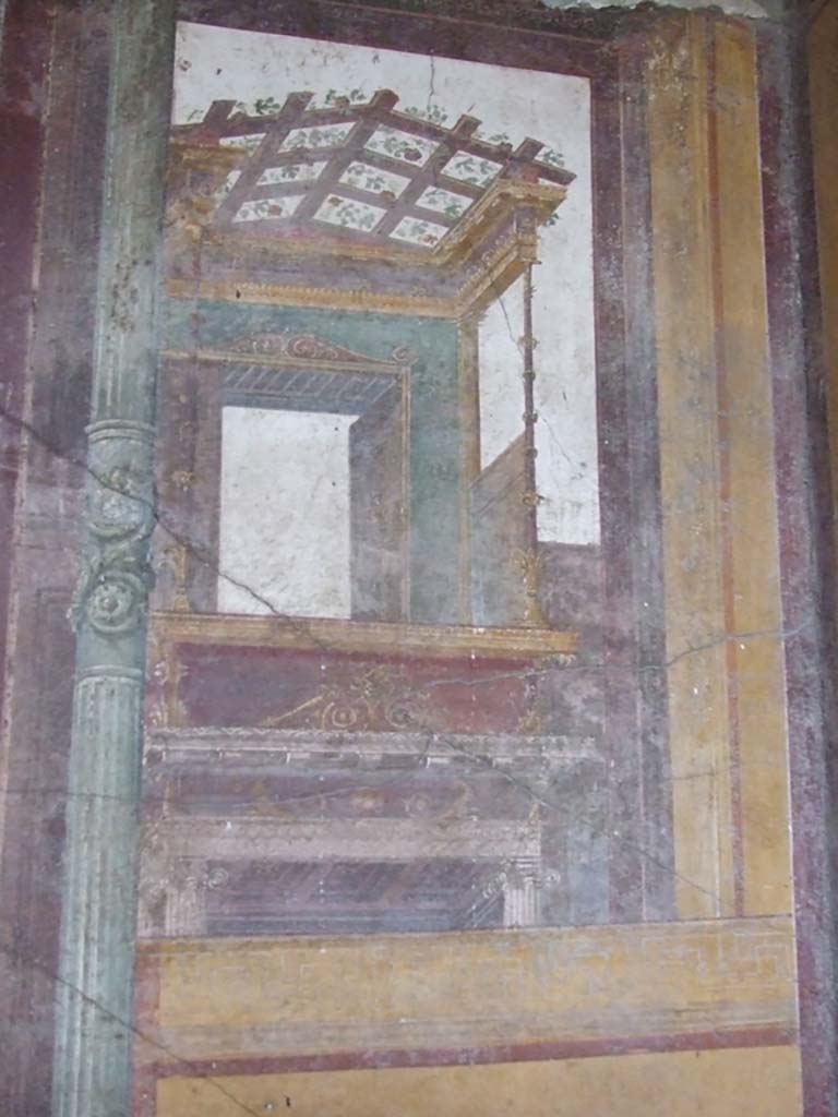 VI.15.1 Pompeii. December 2006. Architectural wall painting on east wall in south-east corner of exedra.