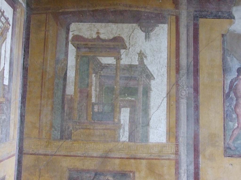 VI.15.1 Pompeii. December 2006. Architectural wall painting on south wall in south-east corner of exedra.