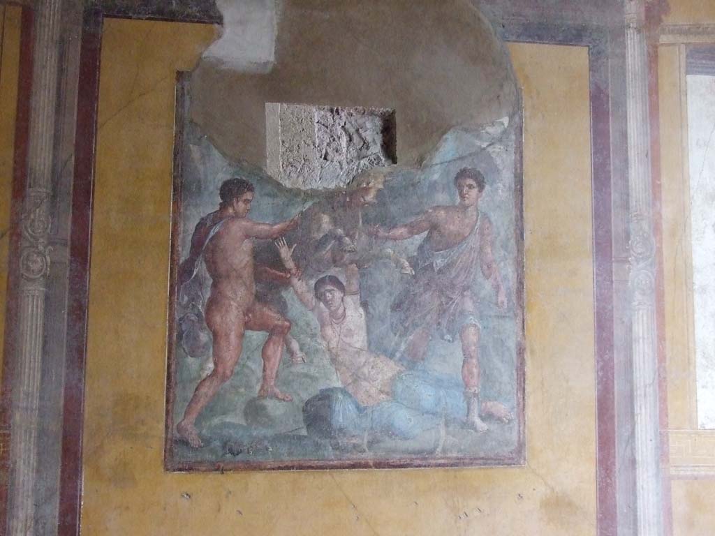 VI.15.1 Pompeii. December 2006. South wall of exedra with painting of the punishment of Dirce.