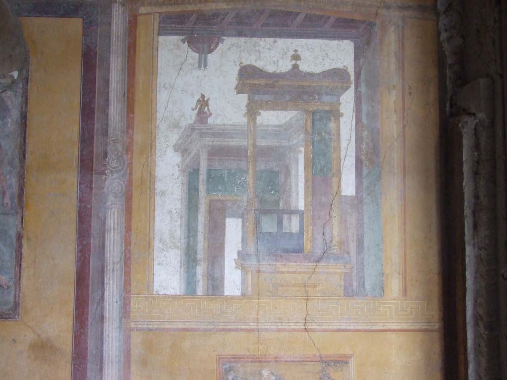 VI.15.1 Pompeii. December 2006. Architectural wall painting on south wall in south-west corner of exedra.