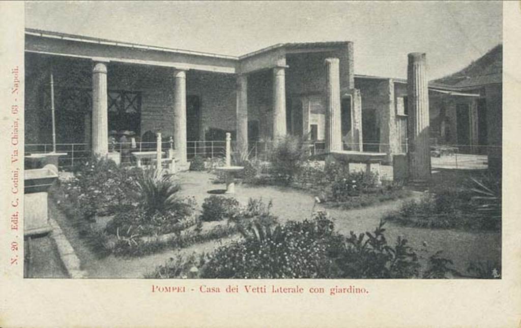 VI.15.1 Pompeii. Early 20th century photograph. Looking north-east across peristyle garden, with unroofed atrium, on the right. 
Photo courtesy of Rick Bauer.

