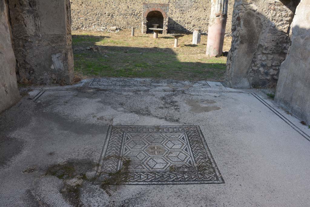 VI 15 5 Pompeii. October 2019. Tablinum 7, looking west across mosaic floor with emblema in centre.
Foto Annette Haug, ERC Grant 681269 DCOR.
