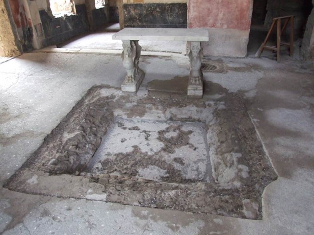 VI.15.8 Pompeii. December 2007. Impluvium in atrium. According to NdS, in the centre of the tuscan atrium was a square impluvium of 1.55m. It was covered with opus signinum, and at the head of it was a marble table. The floor of the atrium was littered with small cubes of white mosaic laid in parallel lines.

