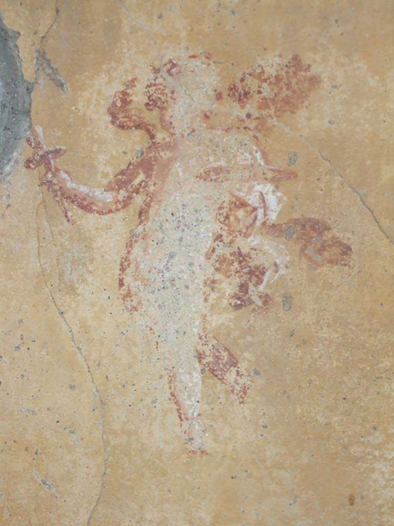 VI.16.7 Pompeii. May 2006. Room D, painting of floating figure with torch and plate on west wall.