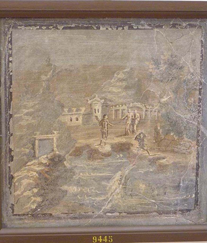 VI.17.10 Pompeii. May 2010. Wall painting found 3rd December 1763. Hesione, daughter of Laomedon, is freed by Hercules. She had been left on the beach at Troy, which was being menaced by a sea monster. Now in Naples Archaeological Museum.  Inventory number 9445.