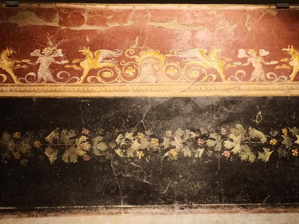 VI.17.42 Pompeii. December 2019. Triclinium 20, detail from upper north wall above central painting.
On display in exhibition “Pompei e Santorini”, Rome, 2019. Photo courtesy of Giuseppe Ciaramella.
