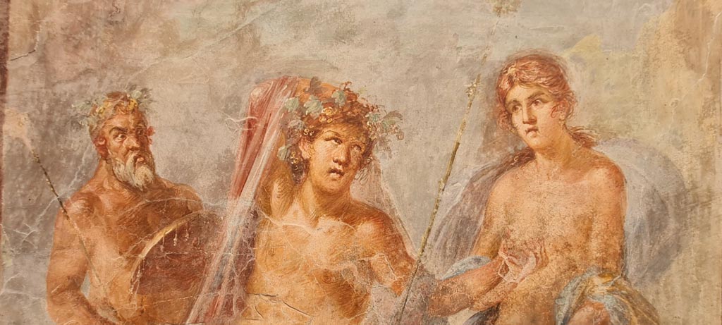 VI.17.42, Pompeii, April 2022.
Detail from fresco showing Dionysus and Ariadne in Naxos, found on the north wall of the triclinium 20. On display in Antiquarium.
Photo courtesy of Giuseppe Ciaramella.
