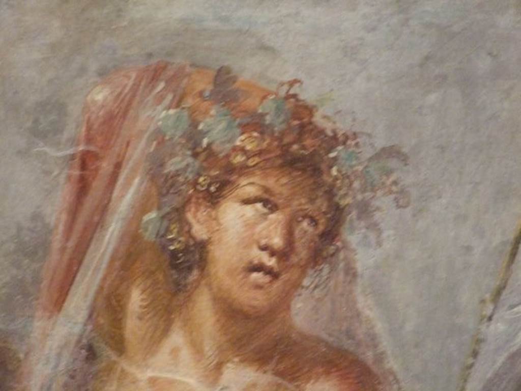 VI.17.42 Pompeii. Triclinium 20 overlooking garden, north wall. Detail of Dionysus from wall painting of Dionysus and Ariadne. SAP 41658. Photographed at “A Day in Pompeii” exhibition at Melbourne Museum. September 2009.