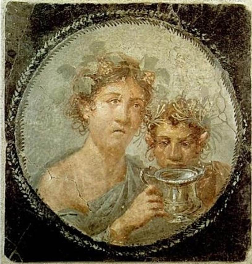 VI.17.42 Pompeii. Wall painting of maenad and young satyr. SAP 20555. Found at the west end of the north wall of the large triclinium with a vaulted ceiling. See Conticello, B., Ed, 1990. Rediscovering Pompeii. Rome: L’Erma di Bretschneider. (p. 239, 164). See Aoyagi M. and Pappalardo U., 2006. Pompei (Regiones VI-VII) Insula Occidentalis. Napoli: Valtrend. (p. 126).