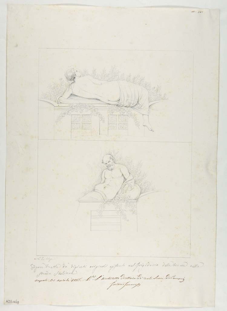 VII.1.8 Pompeii. Drawing by Nicola La Volpe, 1855, showing the Hermaphrodite (above) from the west wall of the frigidarium.
Below is Silenus from the east wall.
Now in Naples Archaeological Museum. Inventory number ADS 469.
Photo © ICCD. http://www.catalogo.beniculturali.it
Utilizzabili alle condizioni della licenza Attribuzione - Non commerciale - Condividi allo stesso modo 2.5 Italia (CC BY-NC-SA 2.5 IT)

