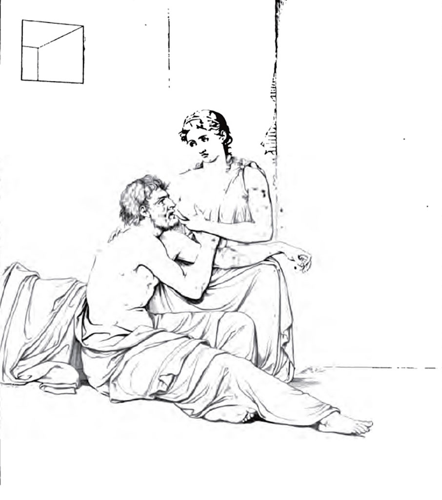 VII.4.10 Pompeii. 1824. Drawing of original painting of Pero (or Perona) and Cimon (or Micone).
Pero is presenting her breast to her aged father Cimon, condemned to die of hunger in prison.  
The Roman Charity (or Carità Romana) is the exemplary story of a daughter, Pero, who secretly breastfeeds her father, Cimon, after he is incarcerated and sentenced to death by starvation. 
She is found out by a jailer, but her act of selflessness impresses officials and wins her father's release. 
See Helbig, W., 1868. Wandgemälde der vom Vesuv verschütteten Städte Campaniens. Leipzig: Breitkopf und Härtel. (p. 307, 1376).
See Real Museo Borbonico, 1824, Volume I, Table 5.
